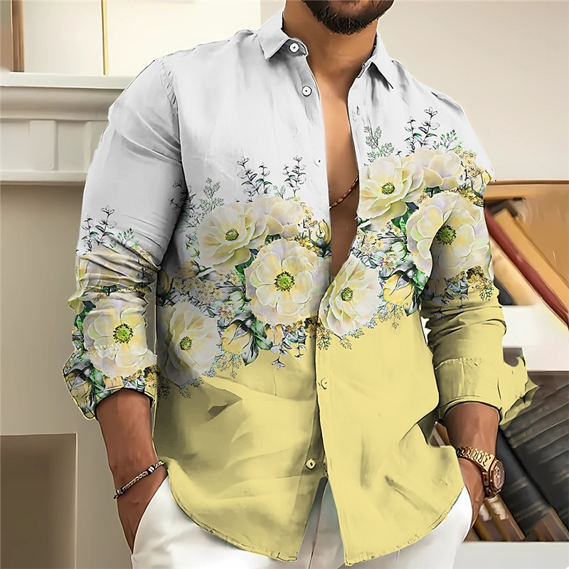 Men's Floral Shirt Button Up Shirt Long Sleeve Fashion Streetwear Designer Outdoor Casual Daily Summer Spring Fall Stand Collar Print Yellow Pink Blue Purple Gray3