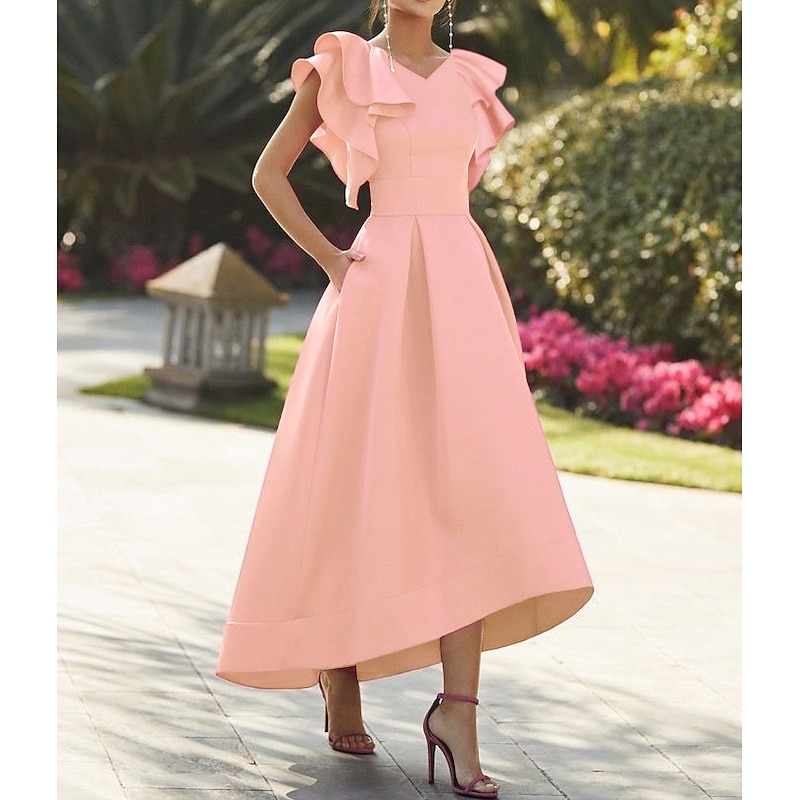 Beach Wedding A-Line Cocktail Dresses Elegant Dress Semi Formal Asymmetrical Sleeveless V Neck Fall Wedding Guest Stretch Fabric with Ruffles Dresses3
