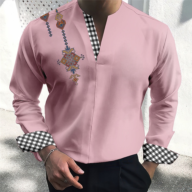 Men's Tribal Vintage Geometry Shirt Button Up Shirt Long Sleeve Fashion Streetwear Designer Outdoor Casual Daily Summer Fall V Neck Print Black Pink Blue Green Khaki3