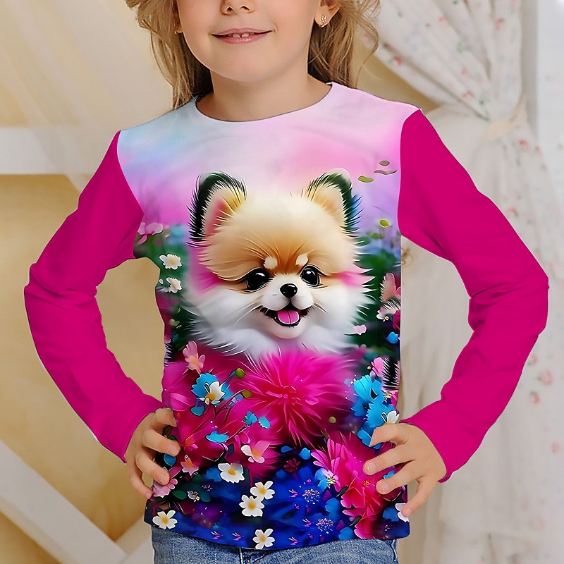 Girls' 3D Floral Cartoon Cat T shirt Tee Long Sleeve 3D Print Summer Fall Active Fashion Cute Kids 3-12 Years Outdoor Casual Daily Regular Fit2