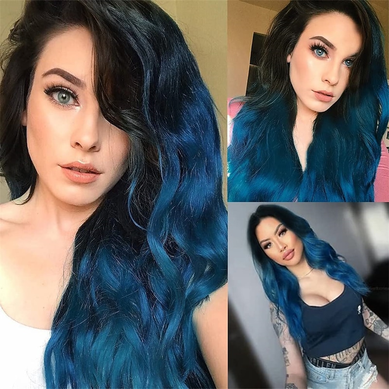 Long Curly Ombre Blue Wavy Wigs for Women Synthetic Hair Wigs Dark Roots Hair Cosplay Halloween Party Daily for Women Full Wig2