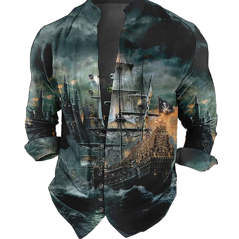 Men's Nautical Vintage Sailboat Shirt Button Up Shirt Long Sleeve Fashion Streetwear Designer Outdoor Casual Daily Summer Spring Fall Stand Collar Print Yellow Red Blue Green Gray