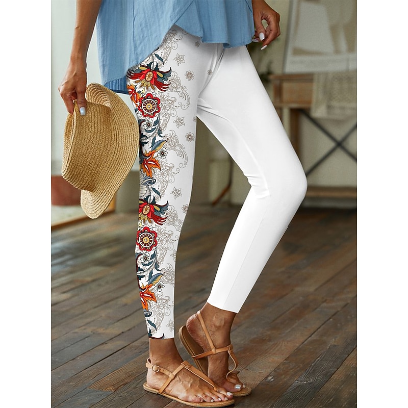 Women's Normal Tights Leggings Cozy Leggings Designer Casual Ankle-Length High Rise Pattern Elastic Waist Print Breathability Comfortable High Elasticity Casual Daily Wear White Spring, Fall, Winter2