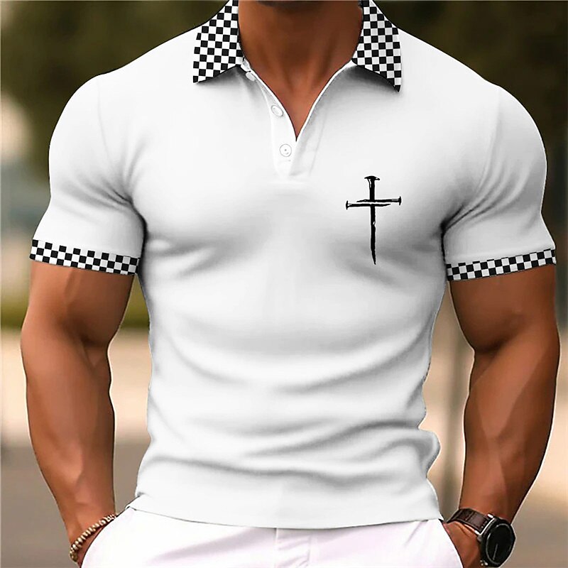 Men's Christian Polo Shirts Golf Shirt Short Sleeve Polo Shirts Collared Shirts Business Casual WorkWear Formal Wear Festival Wear Buttons 3D Print Spring &  Fall Black White2