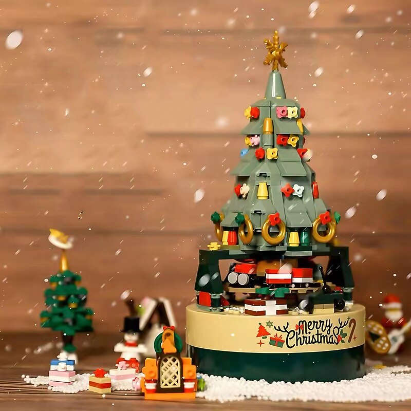 Colorful Christmas Tree Building Block Rotating Music Box Compatible with Christmas Building Block Gift Decoration Toys for Christmas Gifts