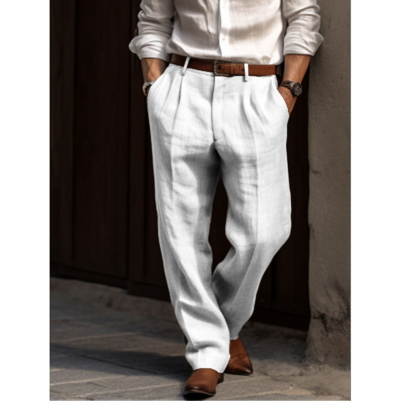 Men's Linen Pants Trousers Summer Pants Pleated Pants Dress Slacks Front Pocket Straight Leg Plain Comfort Breathable Casual Daily Holiday Fashion Basic Black White3
