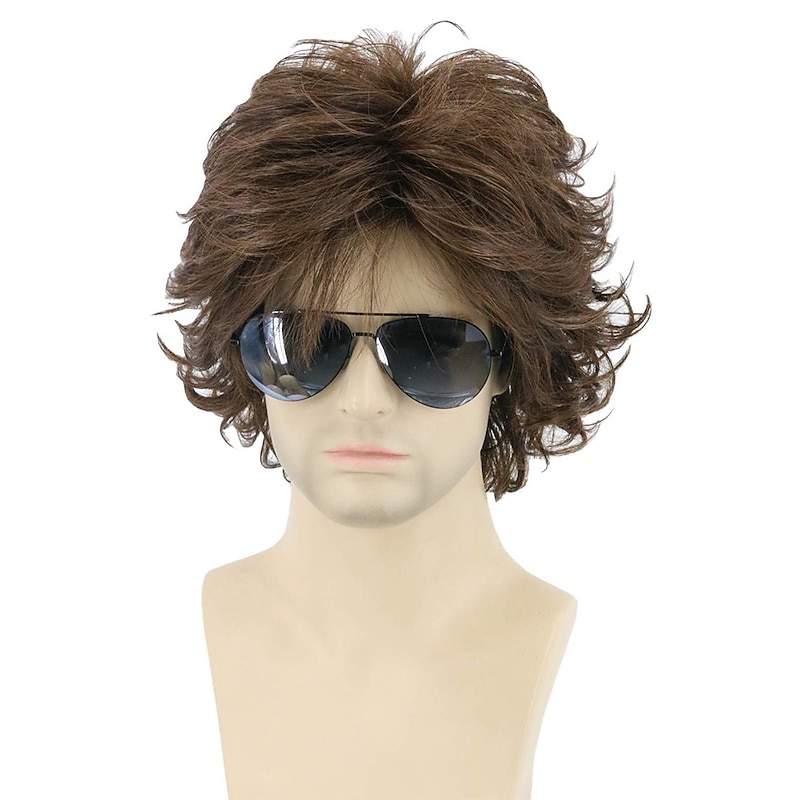Mens Wigs Brown Short Cosplay Wig Wavy Fluffy Style Layered Carnival Costume Wigs Halloween Wigs