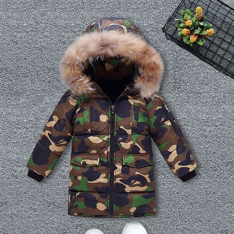 Kids Boys Down Coat Outerwear Solid Color Camo Long Sleeve Coat Outdoor Cool Daily Black Camouflage Fall Winter 7-13 Years
