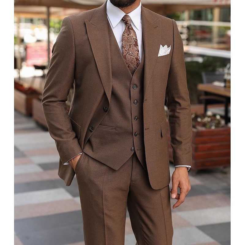 Men's Wedding Suits Peak Dark Blue Coffee Solid Colored Tailored Fit 3 Piece Single Breasted Two-buttons