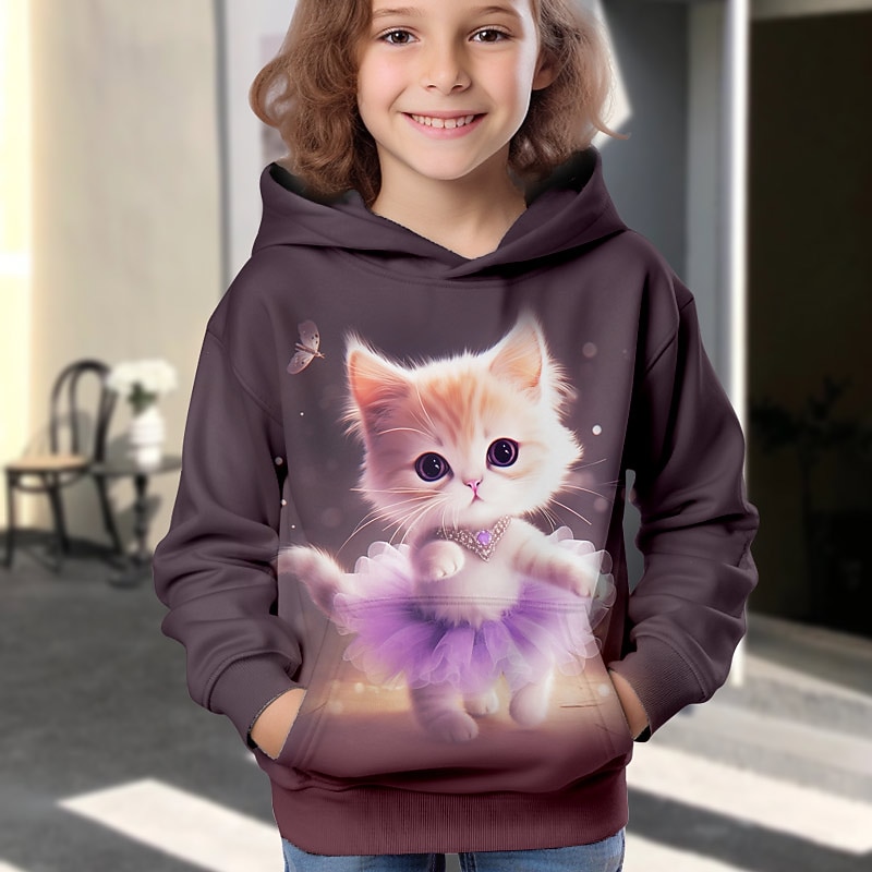 Girls' 3D Cartoon Cat Hoodie Pullover Long Sleeve 3D Print Fall Winter Active Fashion Cute Kids 3-12 Years Outdoor Casual Daily Regular Fit4