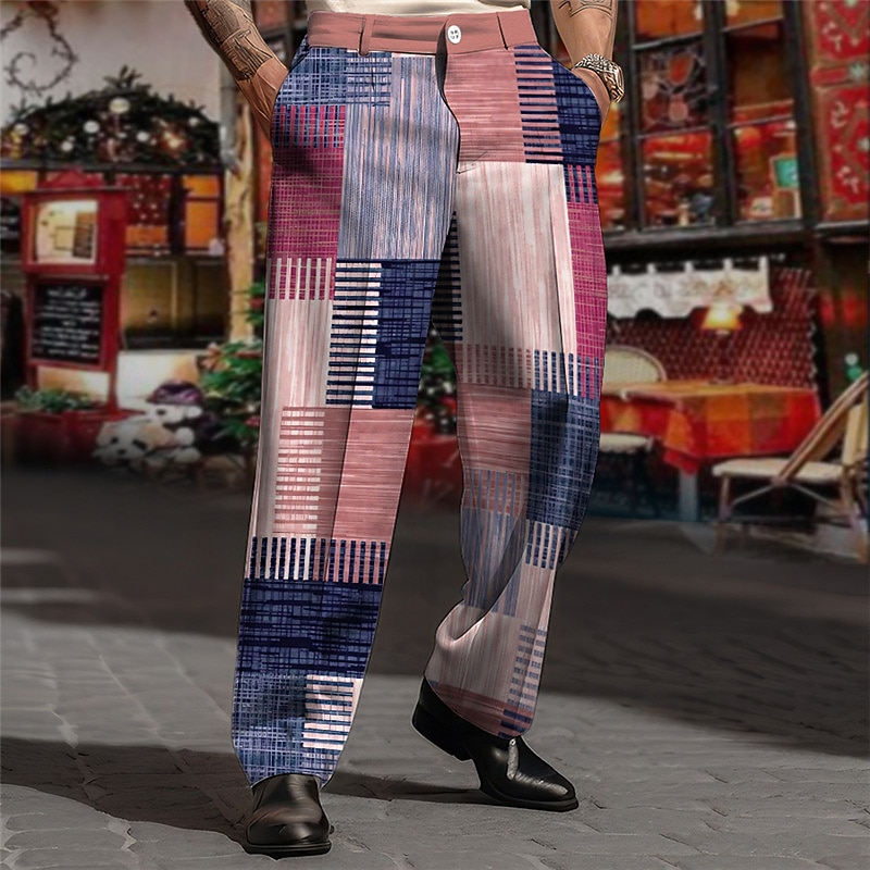 Plaid Geometry Business Men's 3D Print Pants Trousers Outdoor Street Wear to work Polyester Yellow Red Purple S M L High Elasticity Pants3