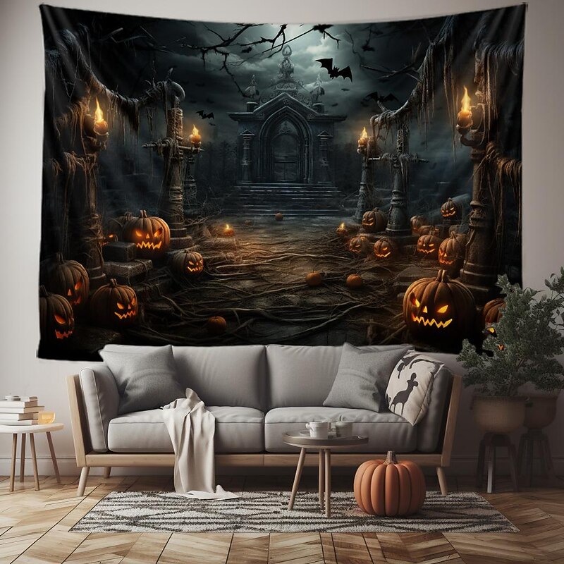 Halloween Pumpkin Graveyard Hanging Tapestry Wall Art Large Tapestry Mural Decor Photograph Backdrop Blanket Curtain Home Bedroom Living Room Decoration Halloween Decorations3