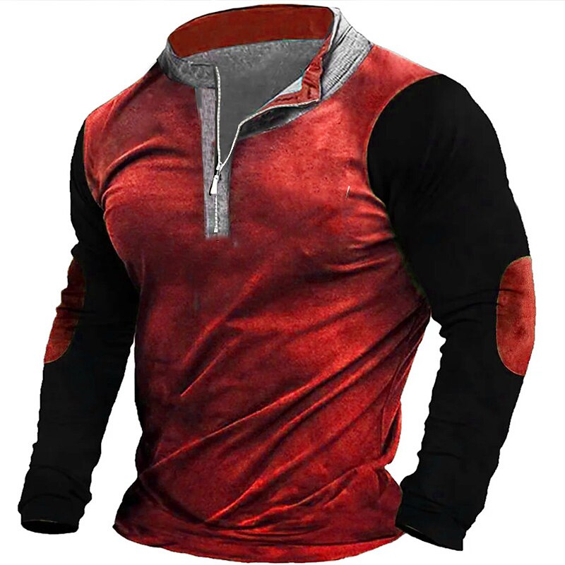 Men's T Shirt Henley Shirt Tee Top Long Sleeve Shirt Long Sleeve Henley Spring &  Fall Color Block Fashion Designer Basic Patchwork Vacation Street Going out Red Blue Brown Top Tee for Men3