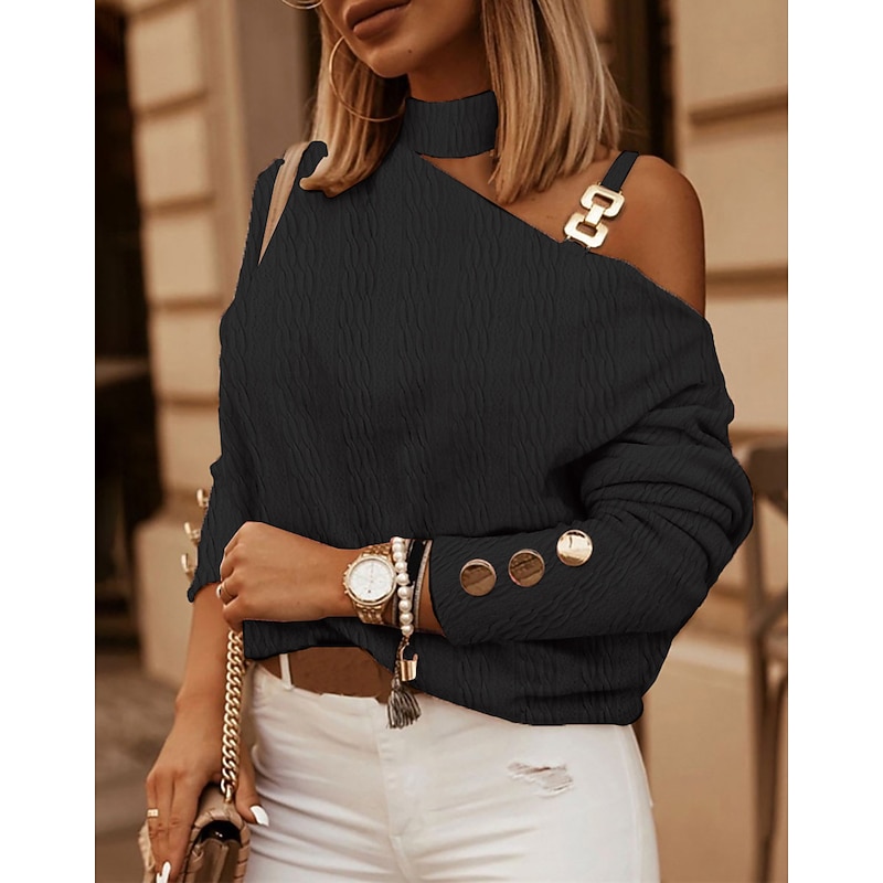 Women's Shirt Blouse Fashion Cut Out Long Sleeve Regular Tops Turtleneck High Neck Casual Black White Pink Blue Khaki Spring &  Fall4