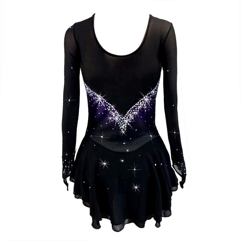 Figure Skating Dress Women's Girls' Ice Skating Dress Purple Stretchy Training Competition Skating Wear Thermal Warm Crystal / Rhinestone Long Sleeve Ice Skating Figure Skating3