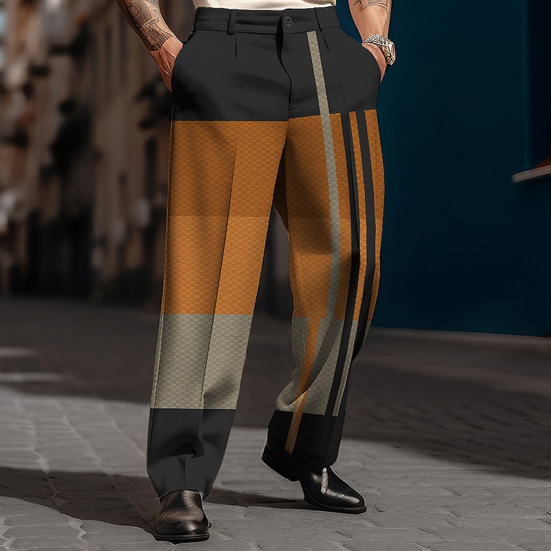 Plaid Stripe Geometry Business Casual Men's 3D Print Pants Trousers Outdoor Street Wear to work Polyester Blue Orange Khaki S M L High Elasticity Pants2