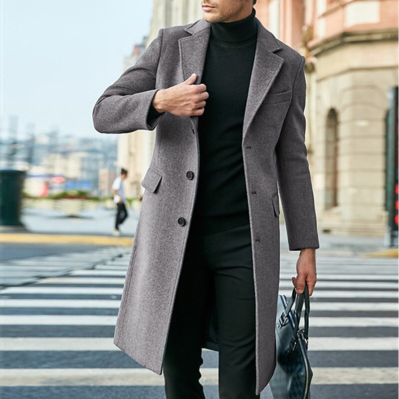 Men's Winter Coat Overcoat Office / Career Business Fall Winter Polyester Windproof Warm Outerwear Clothing Apparel Chic & Modern Glamorous & Dramatic non-printing Pure Color Pocket Turndown Single