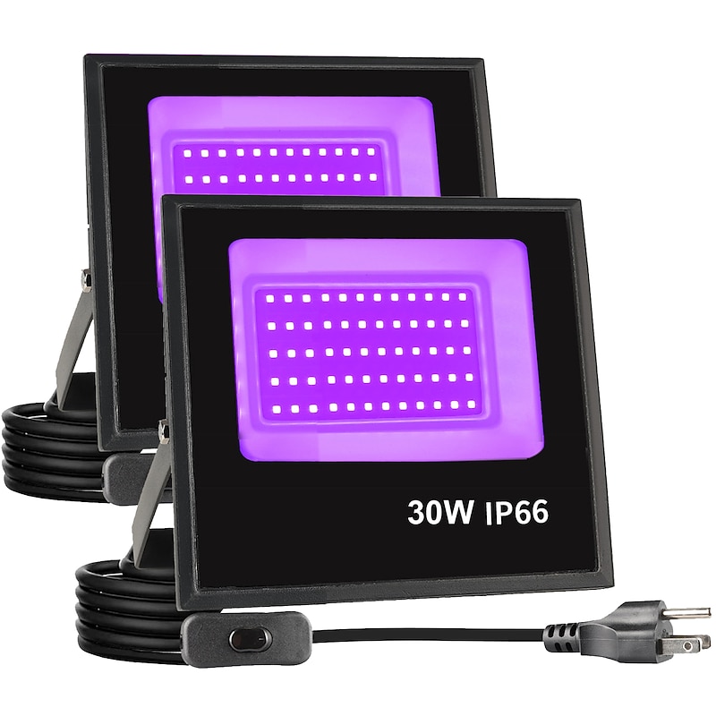 LED Black Lights 1-2 Pack of 30W 60W 120W UV Floodlight 395nm-405nm IP66 Waterproof High-power Black Light Plug with Switch (59in) for Parties Stages UV Resin Curing Paint for Halloween4