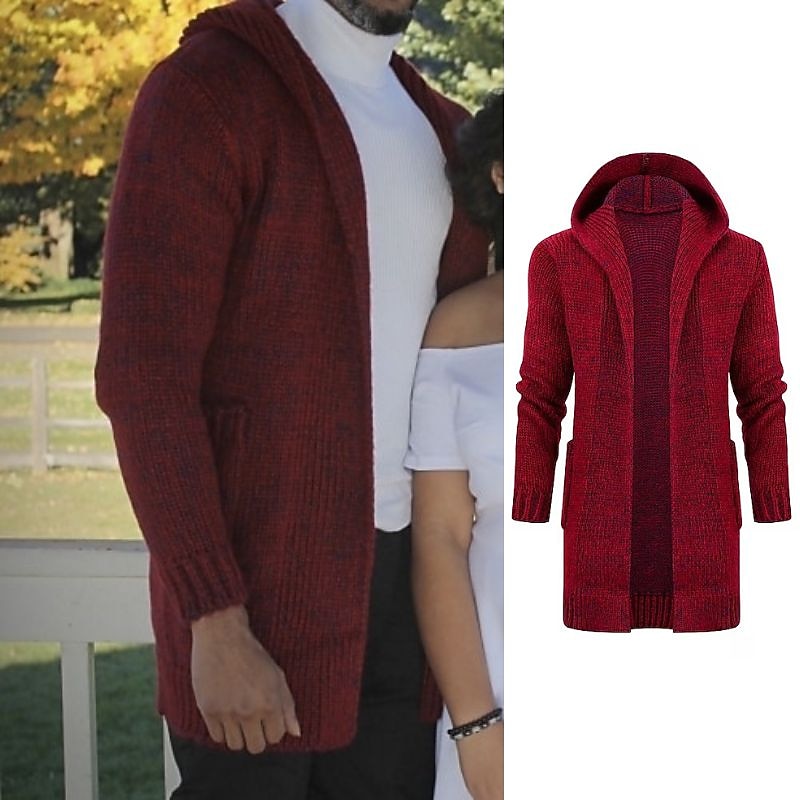 Men's Sweater Cardigan Sweater Hoodie Knit Knitted Solid Color Hooded Stylish Outdoor Home Clothing Apparel Winter Fall Wine Khaki M L XL4