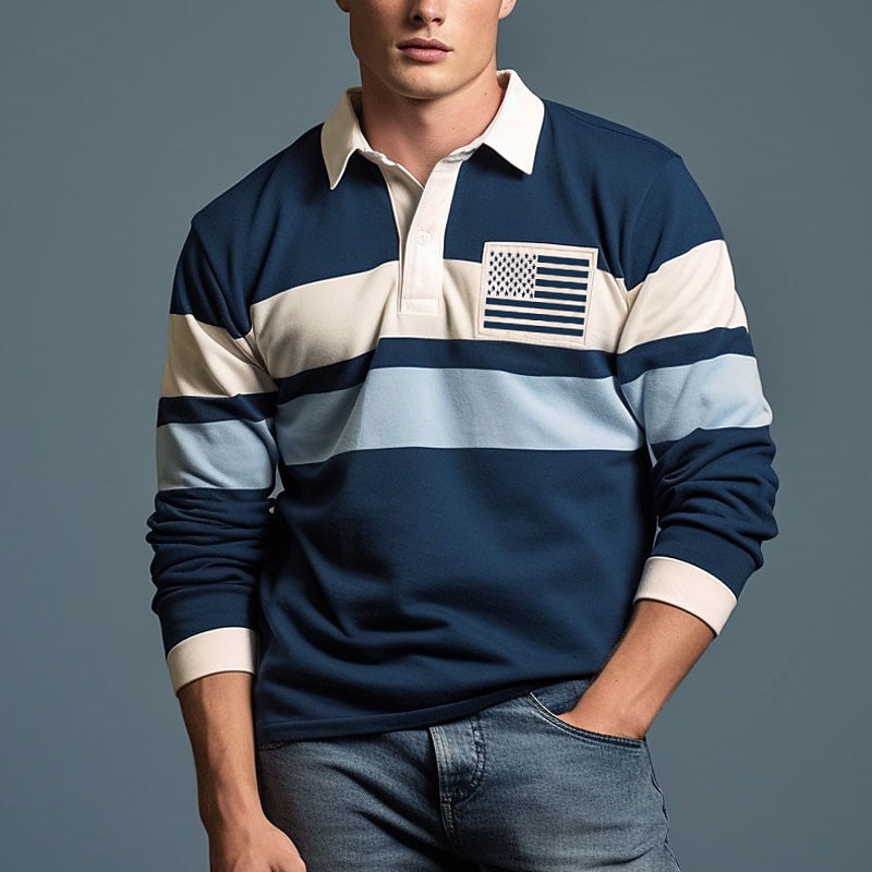 Men's Striped Rugby Polo Shirts Long Sleeve Polo Shirts Zip Casual Outdoor Casual Daily Streetwear 3D Print Fall & Winter Navy Blue Green Dark Blue