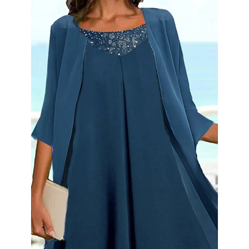 Women's Wedding Guest Cocktail Dress Chiffon Fashion Layered Casual  Elegant Two Piece Dress Set  Midi Fall Winter Dress Crew Neck 3/4 Length Sleeve Plain Navy Blue3