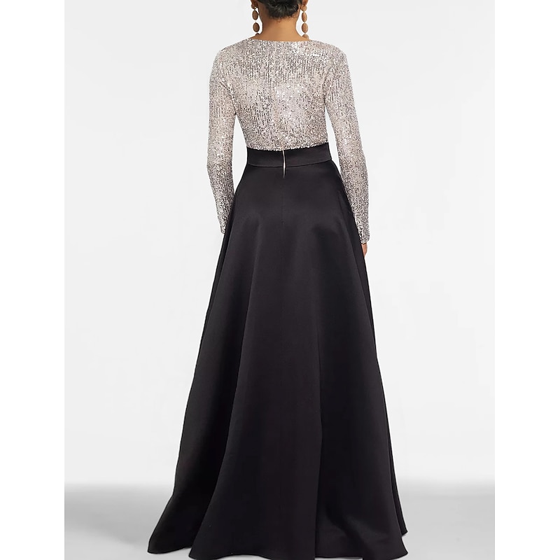 A-Line Mother of the Bride Evening Gown Elegant Dress Formal Floor Length Long Sleeve V Neck Fall Wedding Guest Satin with Sequin Pocket3