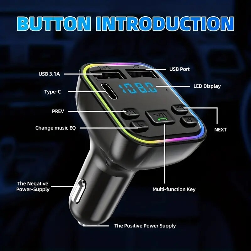BT Car Kit FM Transmitter PD Type-C Dual USB 3.1A Fast Charger Colorful Ambient Light Audio Receiver Handsfree MP3 Wireless Car Mp3 Player3