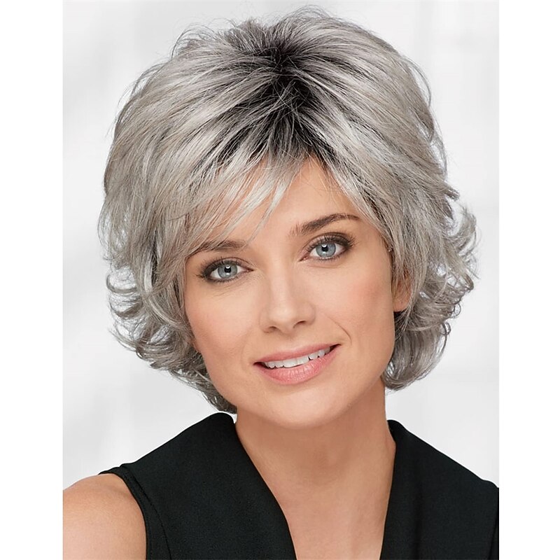 Short Wigs for White Women Grey Wig Synthetic Omber Silver Gray Wigs for Women Old Lady Wig Natural Hair Womens Wigs
