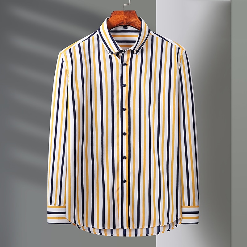 Men's Dress Shirt Button Down Shirt Non Iron Shirt Striped Shirt Stretch Stripe Wedding Office & Career Black White Yellow Dark Navy Long Sleeve Shirt Collar All Seasons Clothing Apparel Print2