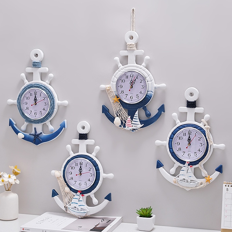 Mediterranean Style Blue and White Rudder Helmsman Anchor Personalized Wall Clock Clock Electronic Watch Decoration Navigation Clock Office Home Ocean Theme Wall Hanging2