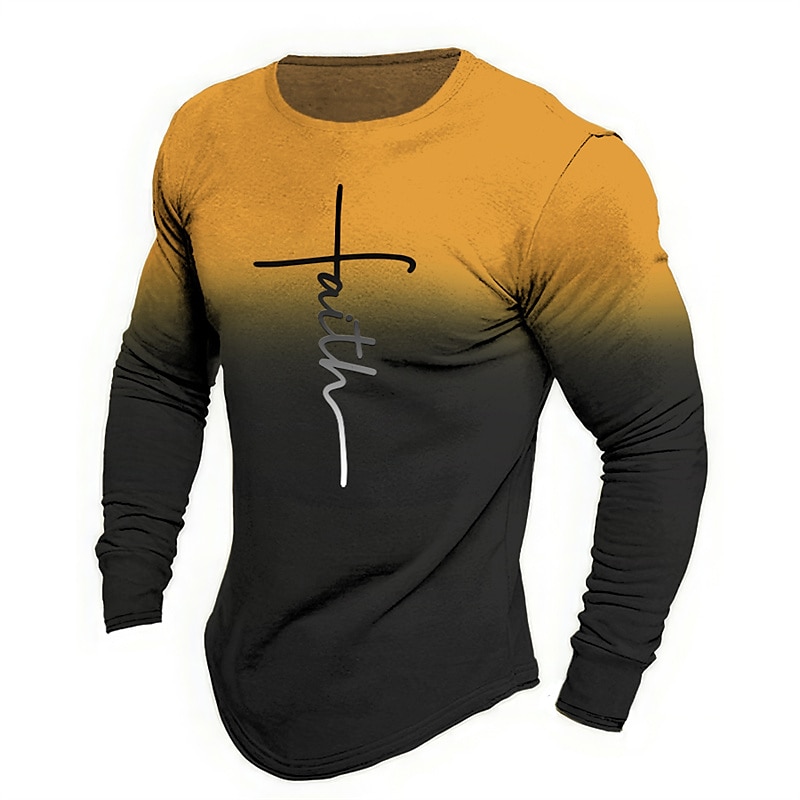 Men's Graphic Letter Faith T Shirt Long Sleeve T shirt 3D Print Crew Neck Shirt Fashion Designer Casual Sports Outdoor Holiday Going out Blue Orange Brown Spring &  Fall Clothing Apparel S M L XL 2XL4