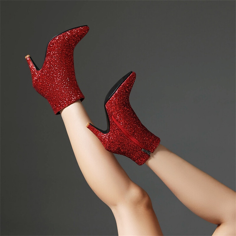 Women's Red Glitter Ankle Boots – Sparkly High Heel Pointed Toe Party Boots for Evening & Special Events3