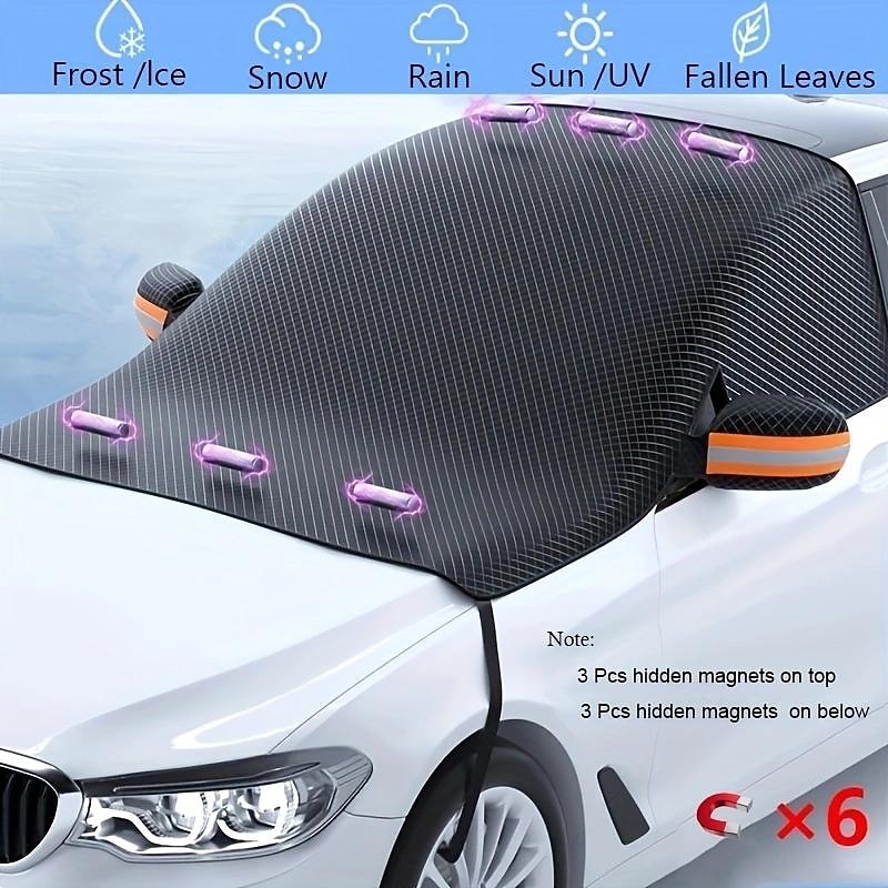 Upgraded Windshield Cover Magnet Sun Shade Waterproof Snowproof Car Front Window Sun Protection Cover With Reflective Strip & Windproof Fixing Belt