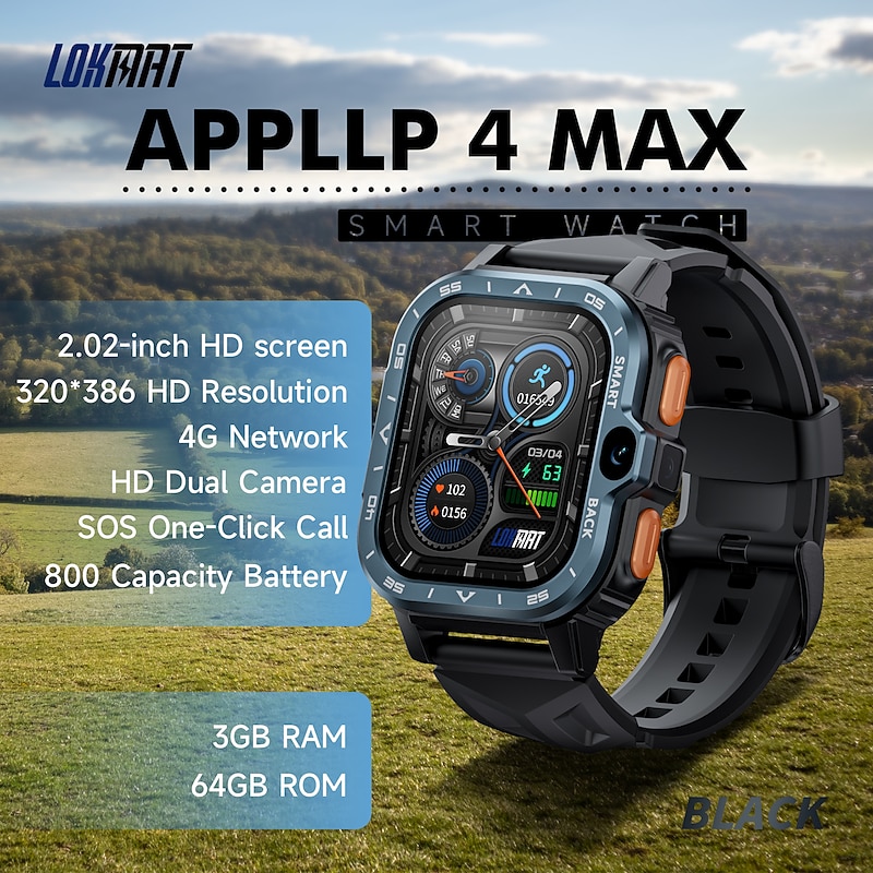 LOKMAT APPLLP 4 MAX Smart Watch 2.02 inch 4G LTE Cellular Smartwatch Phone 3G 4G Bluetooth Pedometer Call Reminder Activity Tracker Compatible with Android iOS Women Men GPS Hands-Free Calls Media