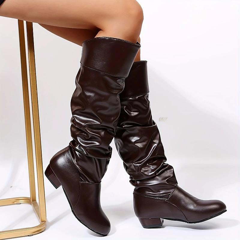 Women's Shiny Black Slouchy Knee-High Boots with Low Block Heel, Stylish Winter Footwear for Casual and Evening Outfits3