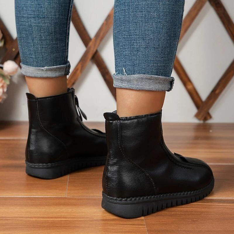 Women's Black Faux Leather Ankle Boots with Plush Fur Lining, Dual Zipper Design, and Non-Slip Sole for Winter Warmth and Comfort3