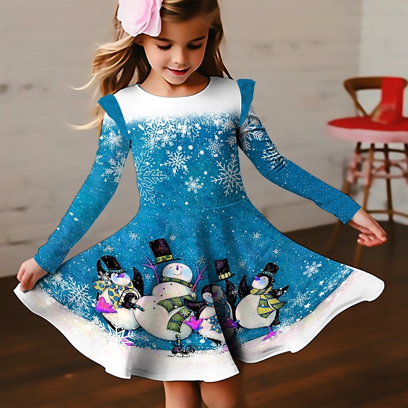 Christmas Girls' 3D Snowman Snowflake Christmas Dress Snowflake Dress Ruffle Dress Long Sleeve 3D Print Fall Winter Sports & Outdoor Daily Holiday Cute Casual Beautiful Kids 3-12 Years Casual Dress A2