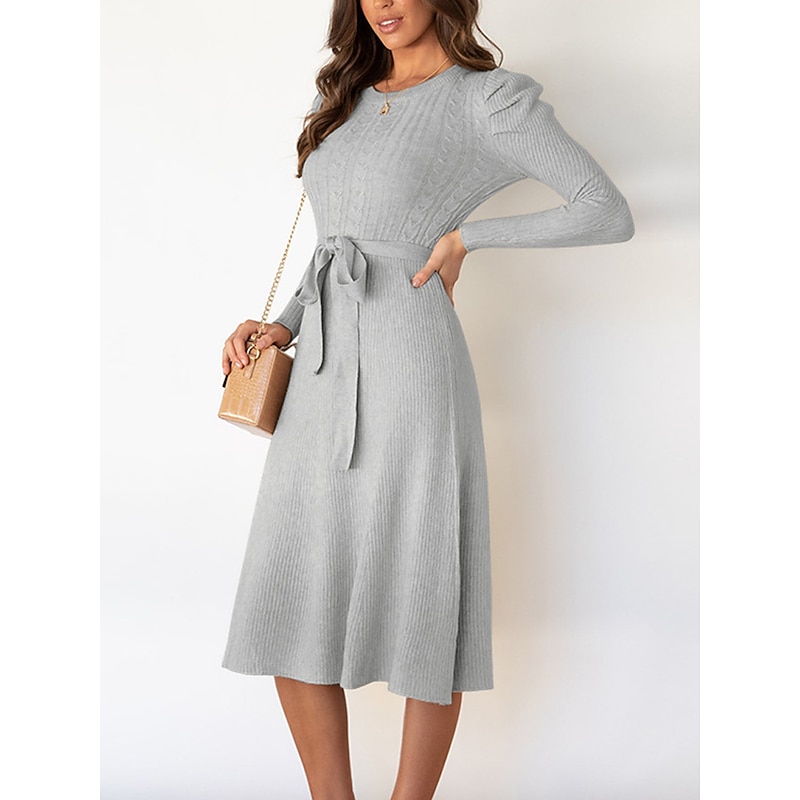 Women's Sweater Dress Knit Dress Jumper Dress Midi Dress Knitwear Fashion Daily Pure Color Outdoor Daily Vacation Going out Crew Neck Long Sleeve Tie Front Ruched 2023 Regular Fit Black Red Green S M2