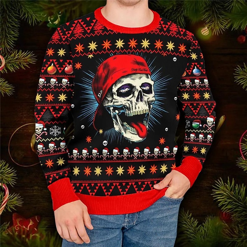 Ugly Christmas Sweater Men's Xmas Pullover Sweaters Skull Gothic Knitting Print Jumper Knitwear New Years Eve Sweater Outdoor Daily Vacation Long Sleeve Crewneck Sweaters Wine4