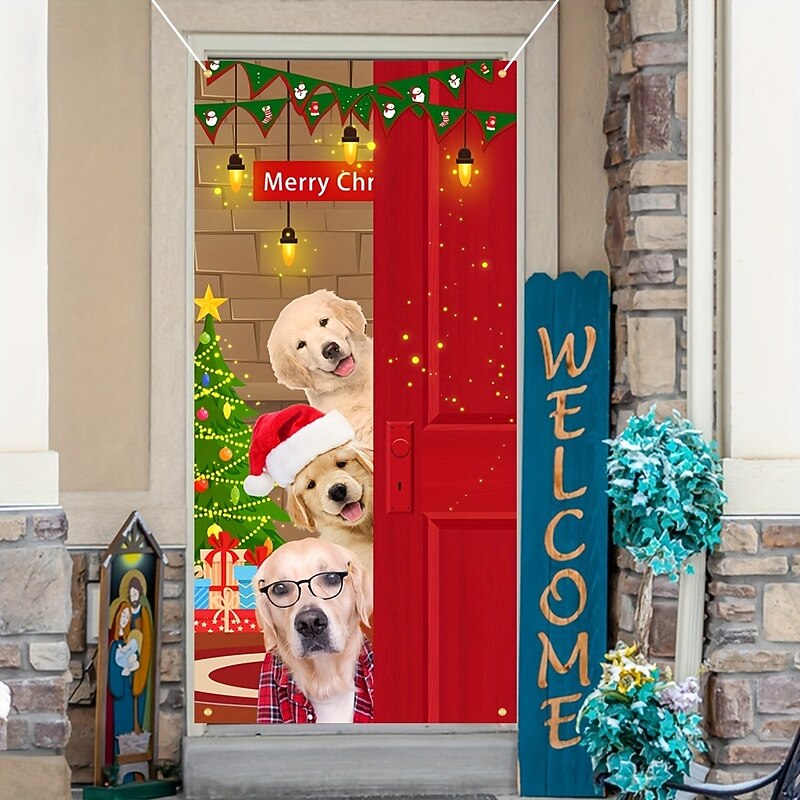 Christmas Door Decorations Dogs Animal Farmhouse Door Covers Door Tapestry Door Curtain Decoration Xmas Backdrop Door Banner for Front Door Holiday Party Decor Supplies2