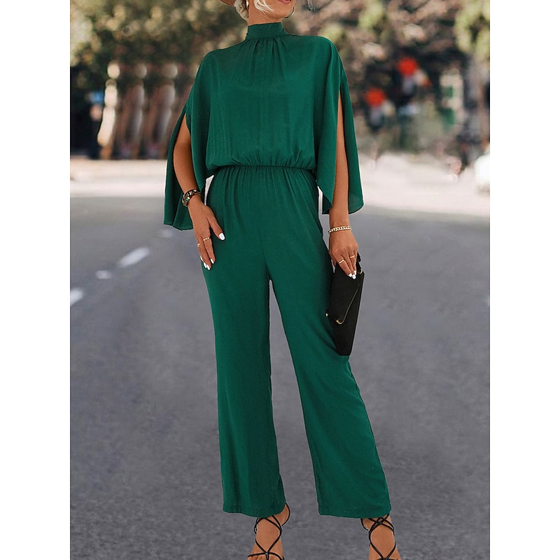 Women's Normal Jumpsuit Elegant Solid Color 3/4 Length Sleeve Stand Collar High Waist Wedding Vacation Regular Fit Black Green Fall3