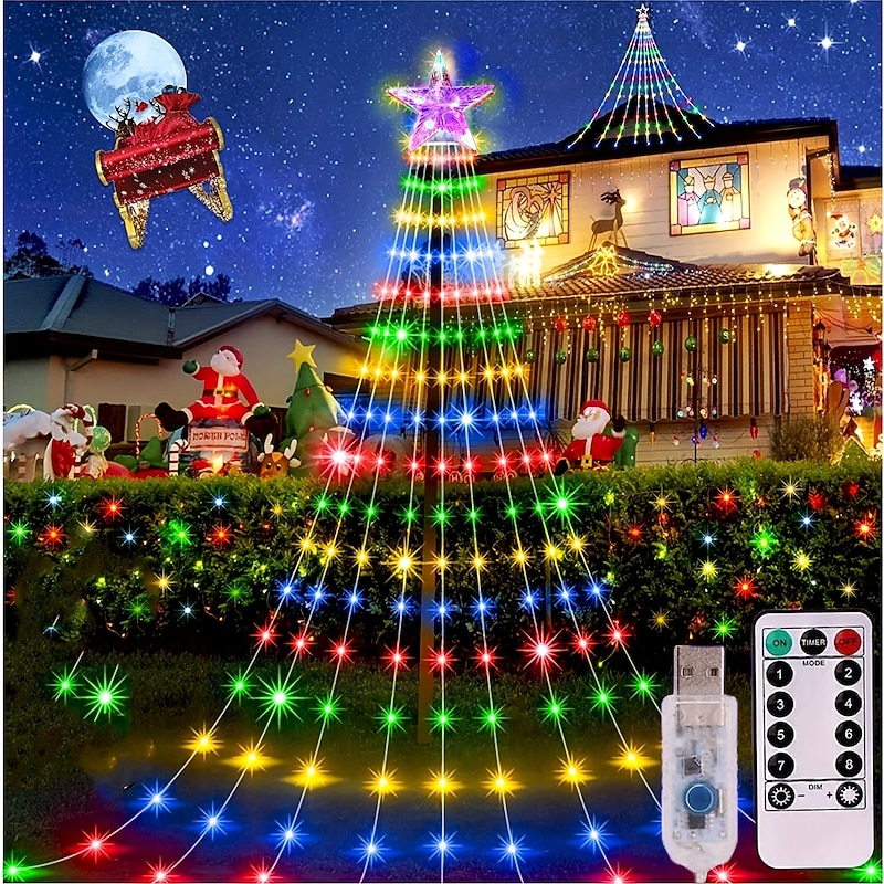 Waterfall String Light Christmas 198 Leds USB Flowing Water Light 9 Strip 2 meters 8 Lighting Modes with Remote Control Waterproof for Xmas Party Bedroom Wall Flashing Indoor Outdoor Decoration