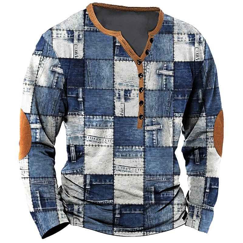 Men's Graphic Patchwork Denim Henley Shirt Long Sleeve 3D Print Daily Retro Vintage Casual Casual Holiday Going out Spring &  Fall Royal Blue Blue Sky Blue Dark Blue Henley Henley T-Shirt