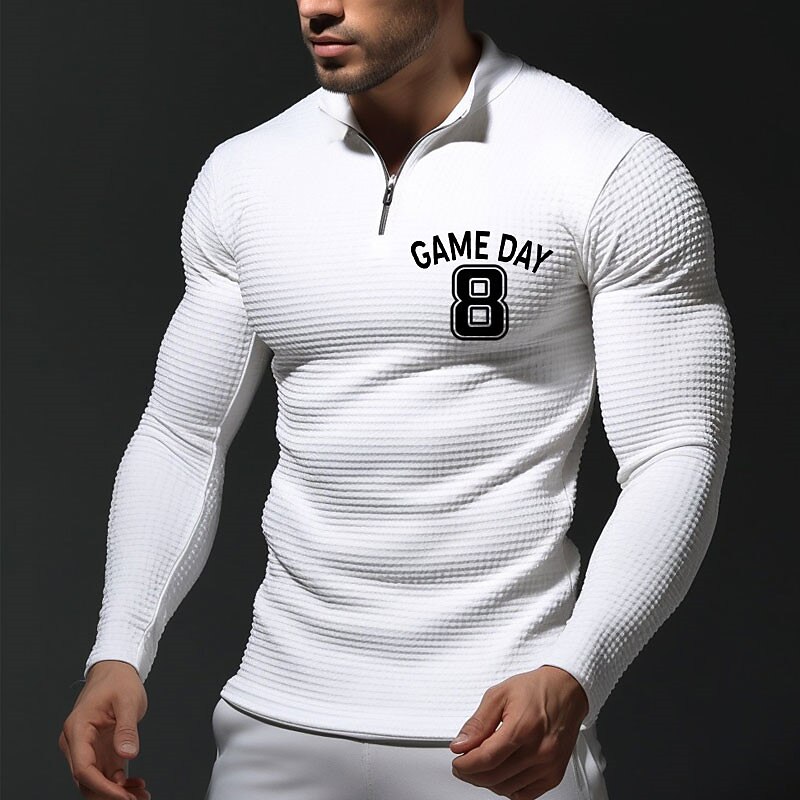 Men's Waffle Polo Shirts Long Sleeve Polo Shirts Turndown Zip Casual Daily 3D Print Fall & Winter Black And White Black White