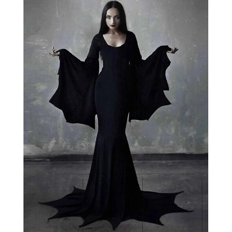 Set with Goth Mermaid Dress Black Long Wig 2* Wig Caps Addams family Witch Morticia Addams Black Long Dress Adults' Women's Punk & Gothic Party Evening Carnival Easy Halloween Costumes2
