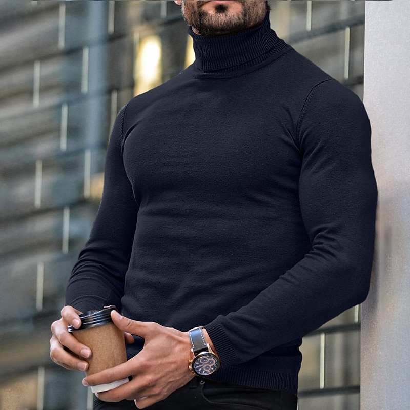 Men's Turtleneck Sweater Pullover Sweater Jumper Ribbed Knit Regular Knit Plain Turtleneck Modern Contemporary Slim Fit Work Daily Wear Clothing Apparel Fall & Winter Wine Black M L XL