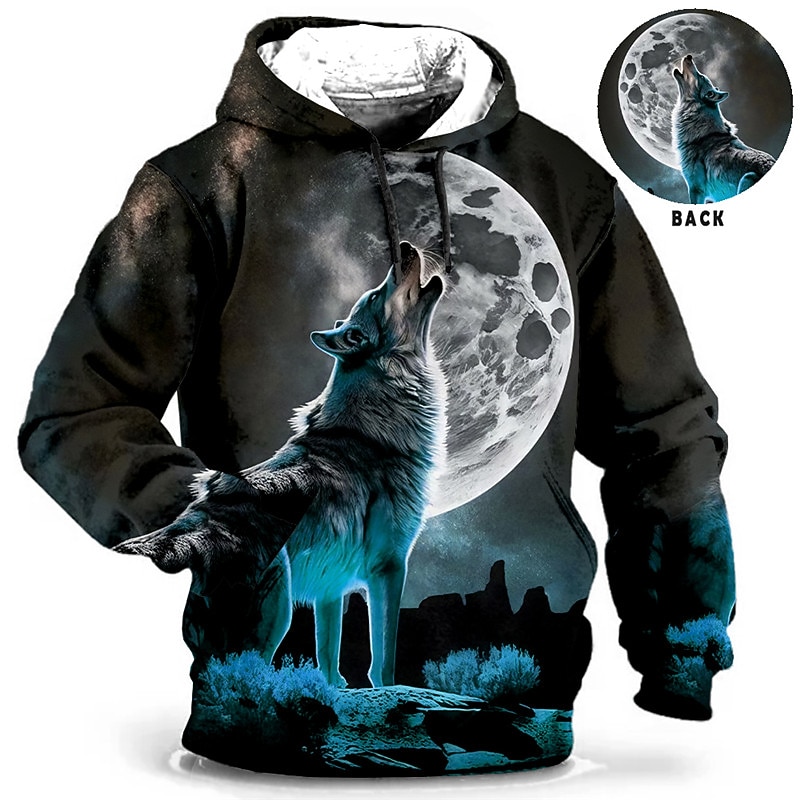 Men's Animal Wolf Graphic Prints Hoodie Hoodies Sweatshirt Daily Classic Long Sleeve Hooded Holiday Going out Streetwear Blue Orange Print Spring &  Fall Designer2