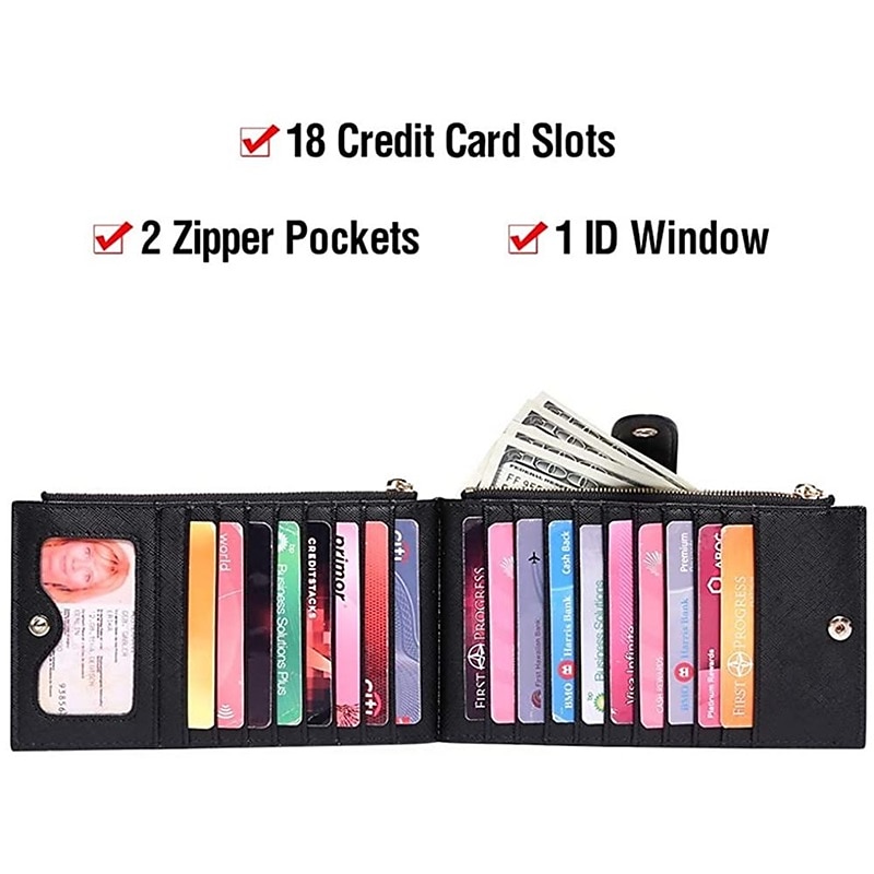 RFID Blocking Bifold Purse Credit Card Holder PU Leather Billfold Card Holder Wallet Double Zipper Hasp Card Purse3