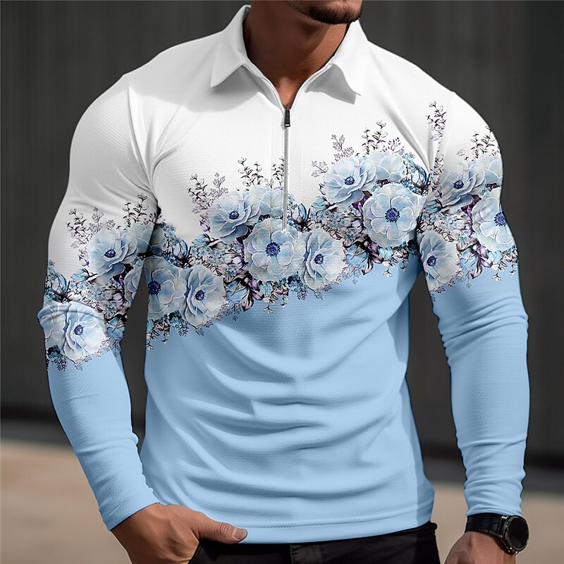 Kentucky Derby Men's Floral Hawaiian Polo Shirts Golf Shirt Long Sleeve Polo Shirts Collared Shirts Casual Beach Wear Vacation Wear Tropical Wear Party Outfits 3D Print Quarter Zip Polo Fall & Winter2