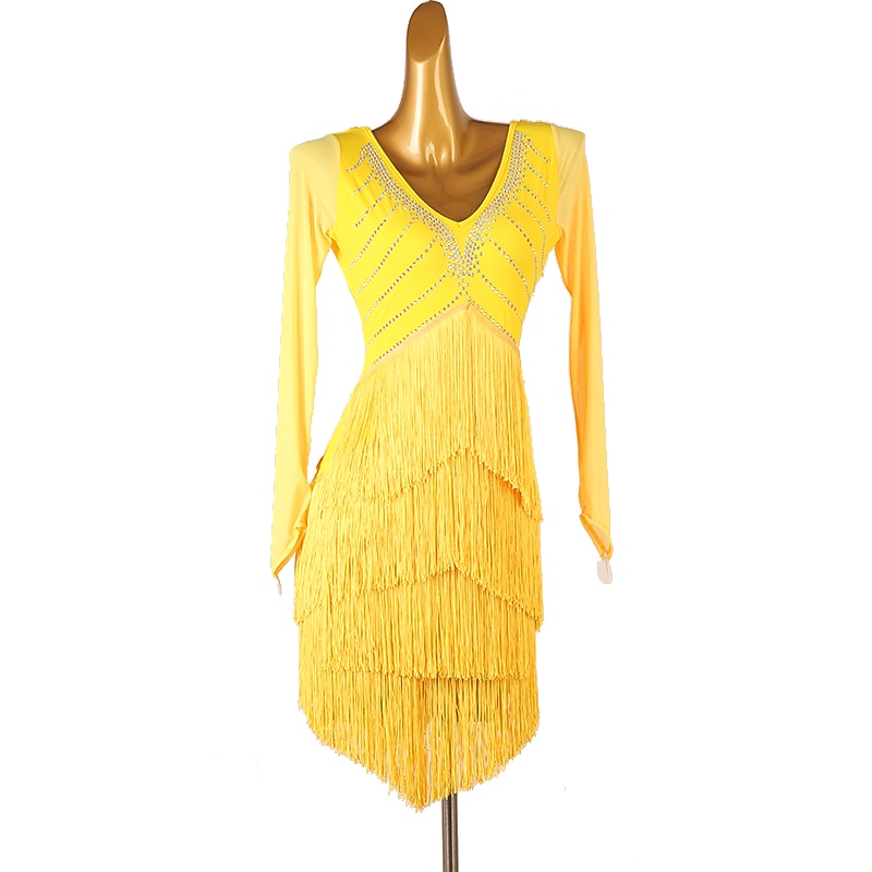 Dance Salsa Latin Dance Dress Rhinestone Fringed Tassel Women's Performance Training Long Sleeve High Spandex Tulle3